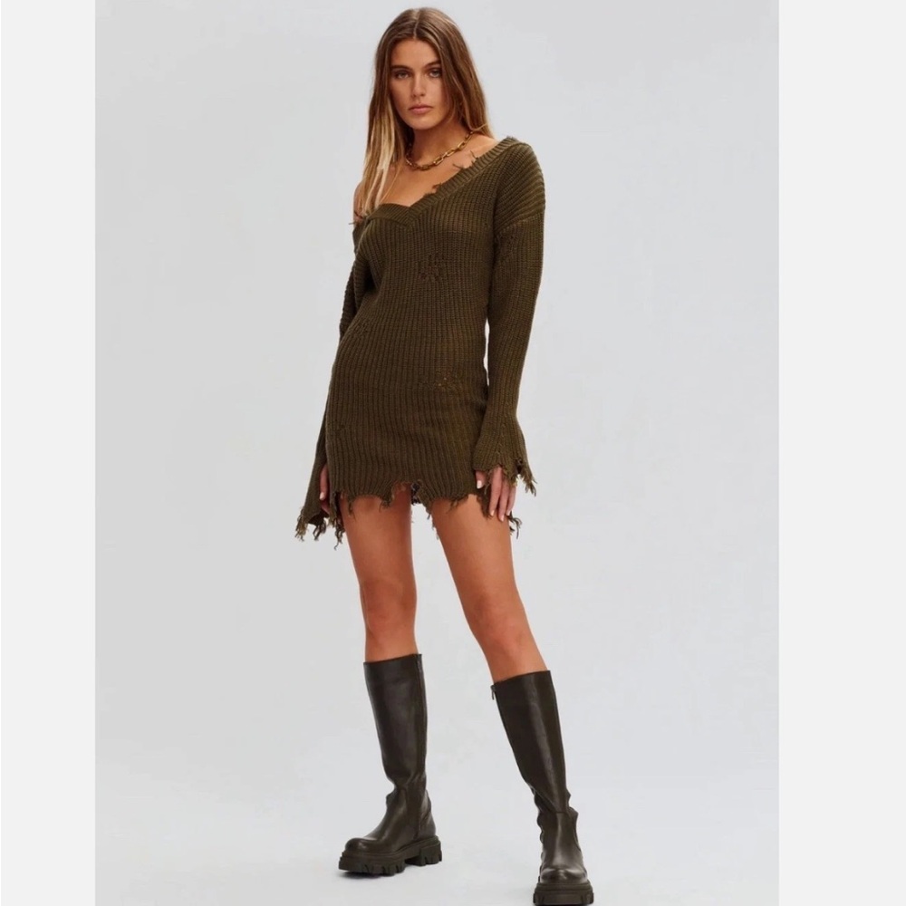 REVOLVE  SER.O.YA Sweater Dress Olive Green Short Rib Knit XL NWT
